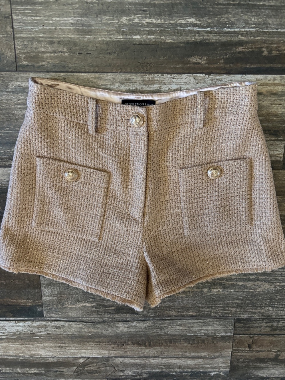 Generation Love Beige Tweed High-Rise Shorts with Gold Buttons